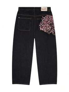 Retro Plum Blossom Embroidered Straight-Leg Pants Men And Women Versatile Personality Street  Jeans - màu đen - Xem 1