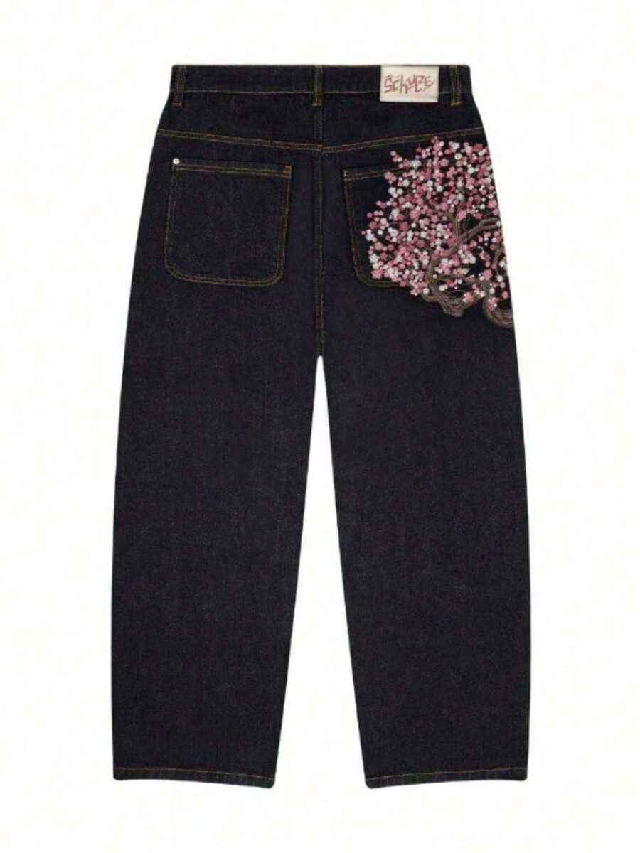 Retro Plum Blossom Embroidered Straight-Leg Pants Men And Women Versatile Personality Street  Jeans - màu đen - Xem 1
