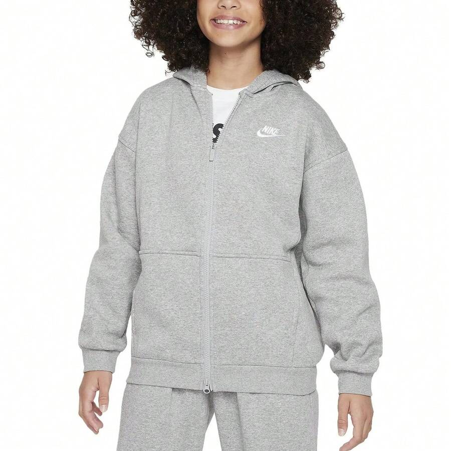 Nike Big Kids G NSW CLUB FLC OVRSZD FZ LBR Jacket, Knit Hoodie FD2931-063 - Grey - View 1