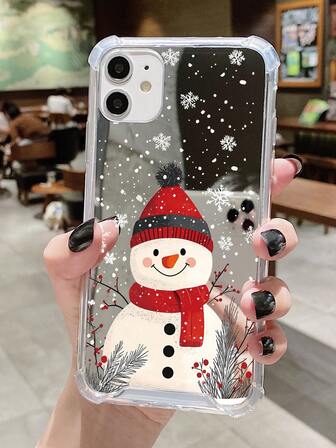 1pc Fashionable Christmas Snowman & Snowflake Acrylic Mirror Phone Case, Compatible With IPhone 16/16Pro/16Plus/15/15ProMax/15Pro/11/12/13/14ProMax/12Mini/13Mini/11Pro/11ProMax/12Pro/12ProMax/13Pro/13ProMax/14Pro/14ProMax, Soft Shell, Creative & Elegant