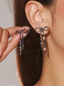 Retro Shining Tassel Club Bowknot Crystal Rhinestone Earrings Stud Wedding Party Graduation Jewelry 1 Pair - Silver - View 18
