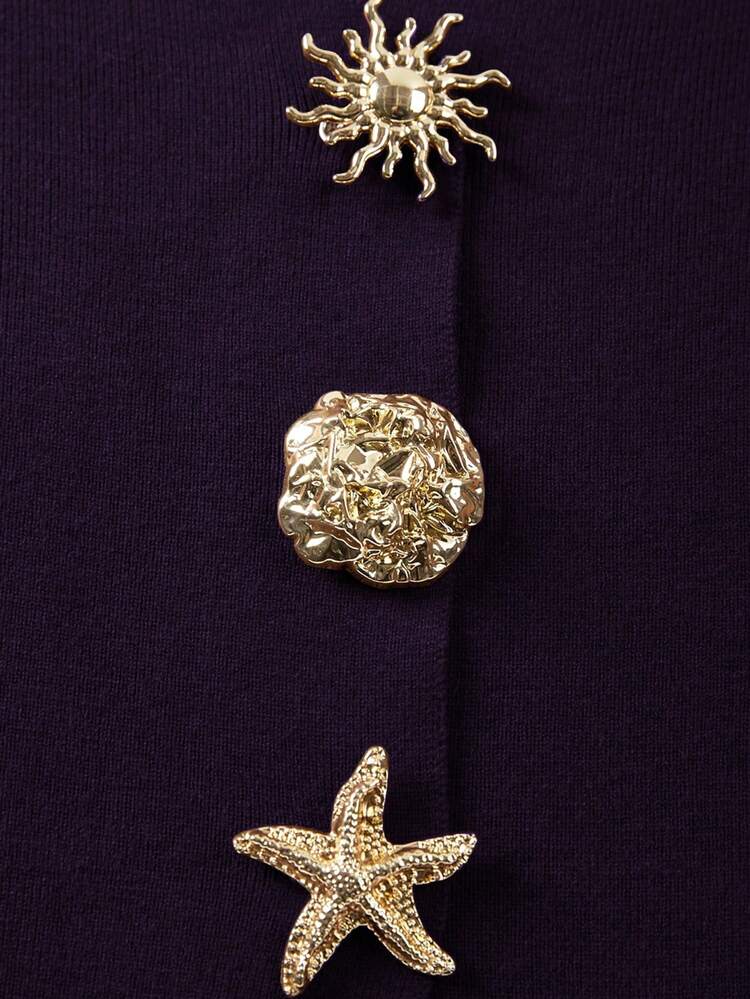 FOR BEAUTY 女士纯色V领不规则纽扣针织开衫长袖上衣，时尚、简约、优雅、休闲、百搭、宽松风格，适合日常通勤、毛衣外套、秋冬服装、新年穿着 - 醬紫 - 查看 5