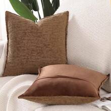 2 StüChenille-Samt-Kissenbezümit dekorativem Rand, neutrale weiche Kissenbezü, luxuriöser Stil, Wohnmöbel, Sofa, hellbeige 45x45