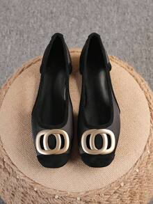 Women's Ballet Flats, Fashionable Square Toe Slip-On Soft Bottom Shoes, Versatile Flat Shoes, Black Flat Button Shoes, Size Run Large, Plus Size 35-43