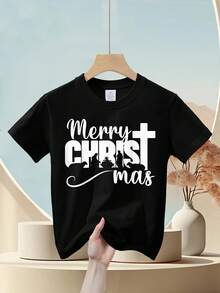 Kids' Christian Christmas T-Shirt With Merry Christ Mas Lettering & Jesus Cross Design - Soft Cotton Short Sleeve Round Neck Casual Church Outfit, Comfortable Holiday Apparel For & Girls, Easter & Christmas Celebration, Geometric Pattern With Nativity Scene (Sheep, Donkey, Lamb) - Easy-Care Hand Washable, Spring/Summer/Fall Wear, Festive Family Matching Outfits Available - Black - View 7