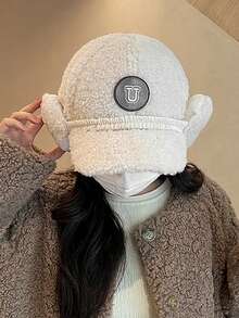 Classic Solid Color New Sherpa Baseball Cap With Ear Flaps For Women, Versatile Embroidered U Letter Fashion Snapback Hat, Polyester Fiber Embroidery Decor, Suitable For Autumn/Winter Street Party