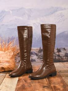 Damen Mode Braune Krokodilmuster Kniehohe Stiefel, Chunky Absatz Reitstiefel für Herbst/Winter, Neuankömmling mit Metall Schnallen Dekor, Seitlicher Reißverschluss, vielseitige hohe Schaftstiefel, Lässig Urlaubs Western Stil Runde Zehenkappe Gerade Schaft Stiefel, Feiertag Lange Schaft Stiefel, Bequeme Winterstiefel, Damen Cowboystiefel - Braun - Übersicht 7