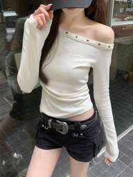 비대칭 어깨 주름 리벳 디자인 긴팔 티셔츠 탑, 봄