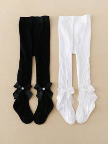 2pcs Girls' Bow Decor Leggings Tight Pants - Black and White - View 12
