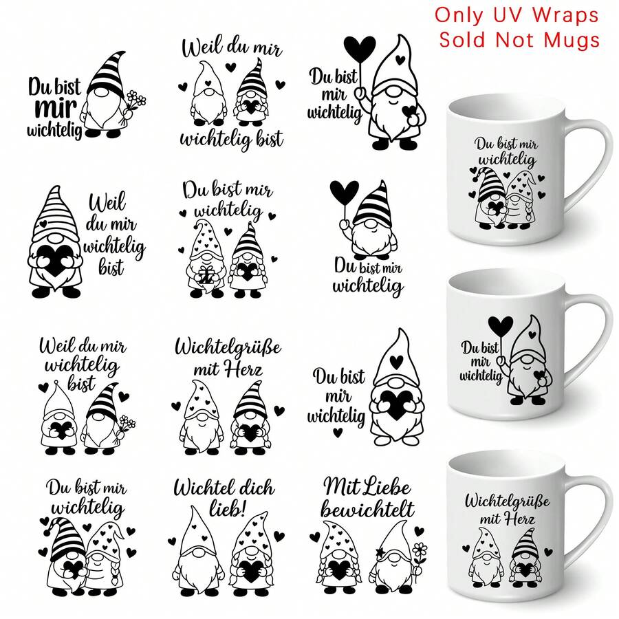 12pcs German Christmas Themed Gnome Pattern UV DTF Transfer Stickers - You Are My Gnome Christmas Heart Pattern Self-Adhesive Flowers, Suitable For Mugs, Bottles And Laptops - Multicolor - View 1