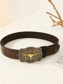 New Western Cowgirl Style Casual Vintage Bohemian Street PU Leather Belt With Horse Buckle, High-Quality For Men And Women, Suitable For Jeans, Spring/Summer/Autumn/Winter