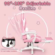 Pink Gaming Chair | Cat Ears, Cat Paw Cushion Pillow, Footrest, Ergonomic, Kawaii, Reclining | Girl,Halloween Decor - hồng + trắng - Xem 8
