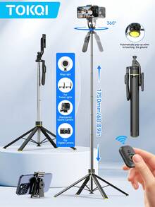 TOKQI Palo de selfie extendido 3 en 1 con apertura automática, trípode con control remoto Bluetooth, soporte de teléfono giratorio 360° desmontable con luz de relleno, estabilizador portátil de acero inoxidable para grabación al aire libre, vlogs de viaje, filmación de video