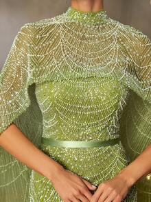 优雅的美人鱼晚礼服，饰有亮片和串珠刺绣，搭配披肩和精致的鱼鳞图案——适合婚礼、红毯晚会和豪华活动的鱼尾轮廓 - 綠色 - 查看 6