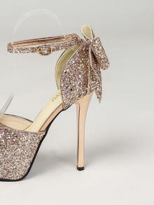 Un par de sandalias de mujer de moda con tacones altos de 14 cm, plataforma impermeable de 5 cm, tela brillante, decoración con lazo, adecuado para discoteca, fiesta, boda, boda elegante al estilo occidental, con detalles de metal y brillo, tacón súper alto, plataforma impermeable, adecuado para fiesta, vacaciones, oficina, boda, primavera y otoño