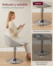 Silla Ajustable, Taburete de Tocador, Silla de Oficina Giratoria, Taburete de Bar con Respaldo y Base, Acero, para Mostrador, Oficina, Tocador, Comedor, Blanco Crema y Gris Plata - Blanco - Ver 3