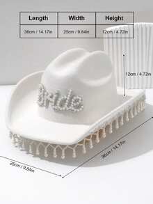 1 件女式纯白色新娘牛仔帽，珍珠流苏和“BRIDE”字母装饰，2026 年婚礼配饰，优雅造型，KJ 风格新娘帽，适合派对、西部活动、聚会、单身派对、角色扮演、化妆派对、节日、婚礼、单身派对或音乐节。牛仔帽、女牛仔帽、万圣节 - 白色 - 查看 6