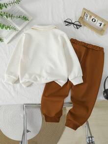 Set de 2 piezas de ropa casual cómoda para niños pequeños, suéter de punto texturizado y pantalones deportivos con cintura elástica, adecuado para uso diario, escuela, exterior, otoño/invierno - Albaricoque - Ver 2