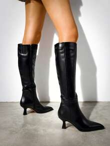 Knee High Kitten Heels Heels Boots For Women Pointed Toe Low Heels Mid-Calf Side Zipper Boots Elegant Fall Winter Fashion Party Long Boots - 黑色 - 查看 1