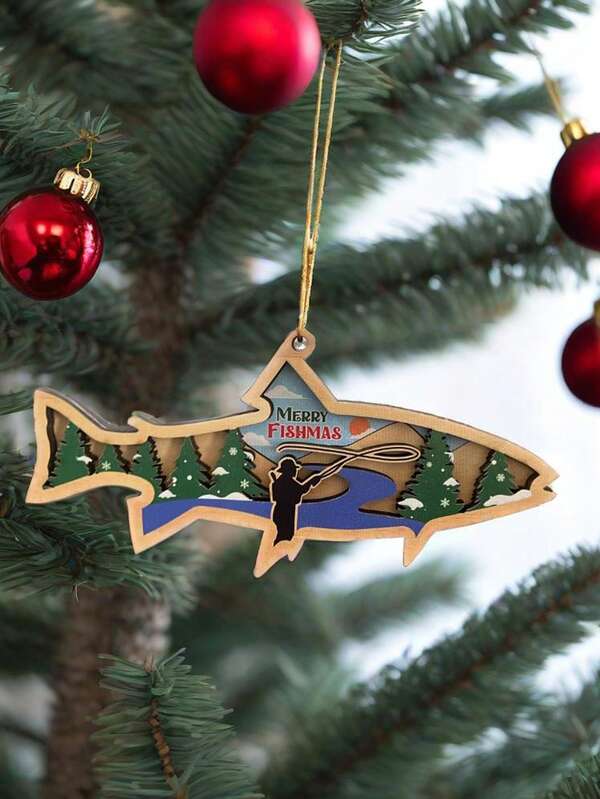 Adorno colgante decorativo de madera con forma de pez de doble capa de 15cm*7.2cm*1cm - Perfecto para el árbol de Navidad y la decoración de pared, diseño creativo "FELIZ FISHMAS" con paisaje nevado de invierno y silueta de pesca, que agrega un ambiente festivo y un significado cultural