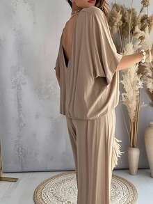 Lazy - Style Batwing - Sleeve Open - Back Set Loose Wide - Leg Pants Two - Piece - 卡其色 - 查看 2