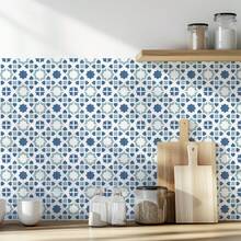 20 piezas Pegatinas de pared a cuadros azul y blanco, estilo bohemio, adhesivo de vinilo autoadhesivo para decoración del hogar de 4x4 pulgadas, papel tapiz, decoración de habitación, decoración de pared, papel tapiz, decoración despegable y pegajosa para el baño