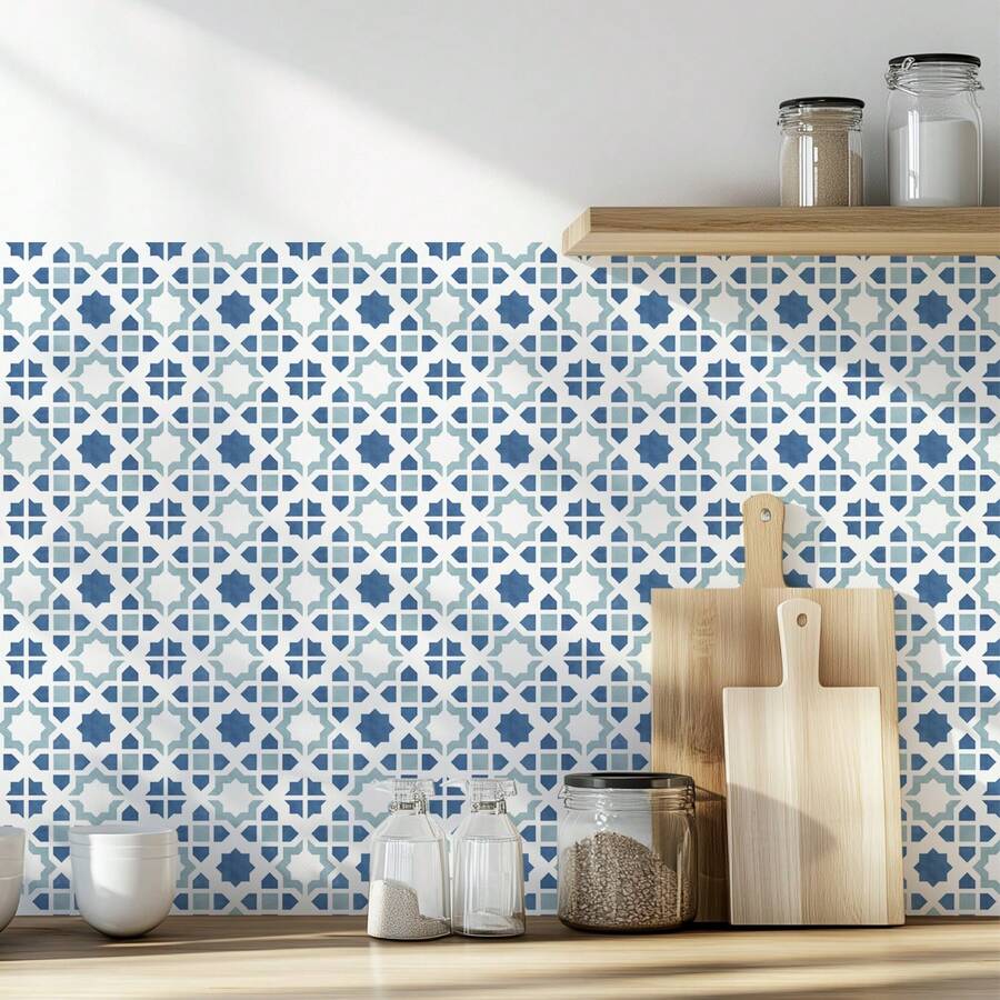 20 piezas Pegatinas de pared a cuadros azul y blanco, estilo bohemio, adhesivo de vinilo autoadhesivo para decoración del hogar de 4x4 pulgadas, papel tapiz, decoración de habitación, decoración de pared, papel tapiz, decoración despegable y pegajosa para el baño