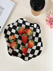 INS-Stil Schachbrett Retro Wolken Keramikteller, Dessert-/Salat-/Frühstücksteller, Haushaltsgeschirr, Schmuck-/Lippenstift-Aufbewahrungsschale, nordischer Stil Dessertteller, Foto-Prop-Dekoration