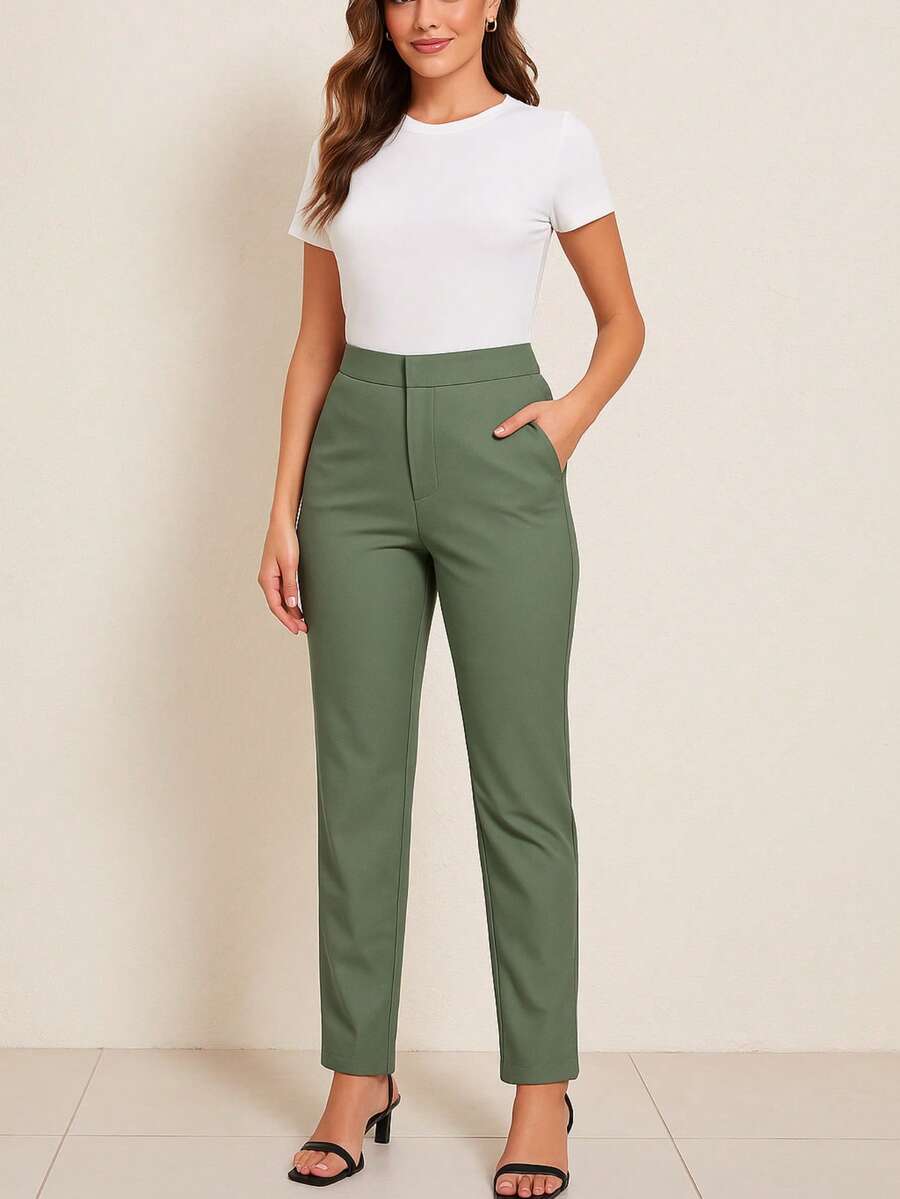 CHIC & CHEAP Pantalón de Vestir Recto High Waist Verde - Verde - Ver 1