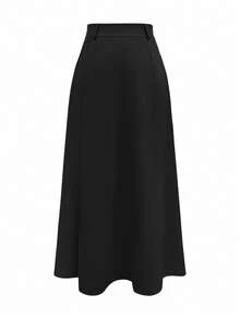 女士优雅纯色高腰中长 A 字裙，带口袋和纽扣前开衩，时尚实用，适合春夏秋冬 - 黑色 - 查看 3