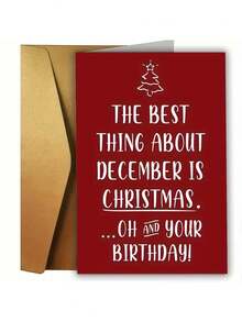 1 Carte d'anniversaire et de Noël de décembre amusante avec enveloppe, La meilleure chose à propos de décembre est Noël (Oh, et ton anniversaire !), police cursive élégante et arbre de flocons de neige, carte de vœux de fête de haute qualité, convient pour les cadeaux de Noël, famille, amis et anniversaire de décembre
