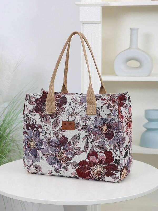 DLIU New Arrival, Thickened Jacquard Knit Fabric, Floral Pattern, Handbag, Tote Bag, Work Commute Shopping Bag, Mom's Outdoor Storage Cloth Bag, Women's Shoulder Bag, Multipurpose Pouch, Suitable For Work, School, Shopping, Travel
