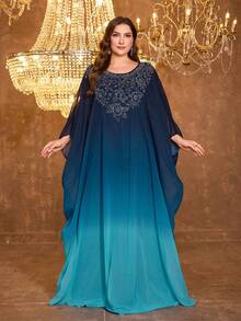 UNITHORSE Plus Women's Round-Neck Long Sleeve Chiffon Heavy Industry Hot Drilling Maxi Evening Dress - Multicolor - View 4