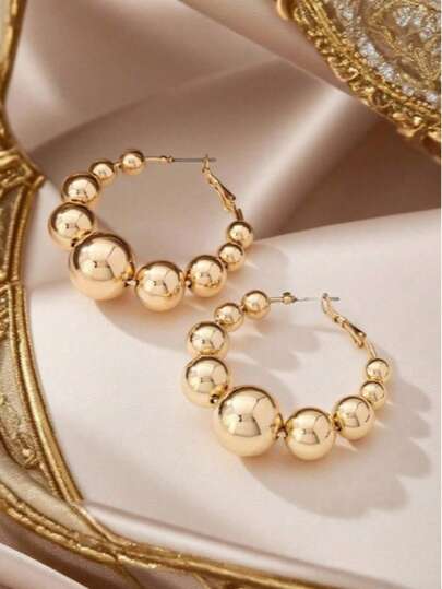 1 par de Brincos Argola de Estilo Boho Fashion, Leves, com Design de Bolas Acrílicas Douradas Afuniladas e Contas