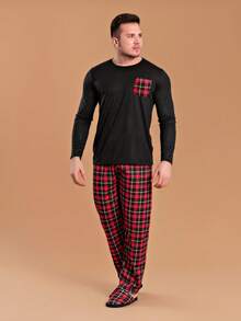 Men's Red Plaid Pocket Pajamas - 黑色 - 查看 1