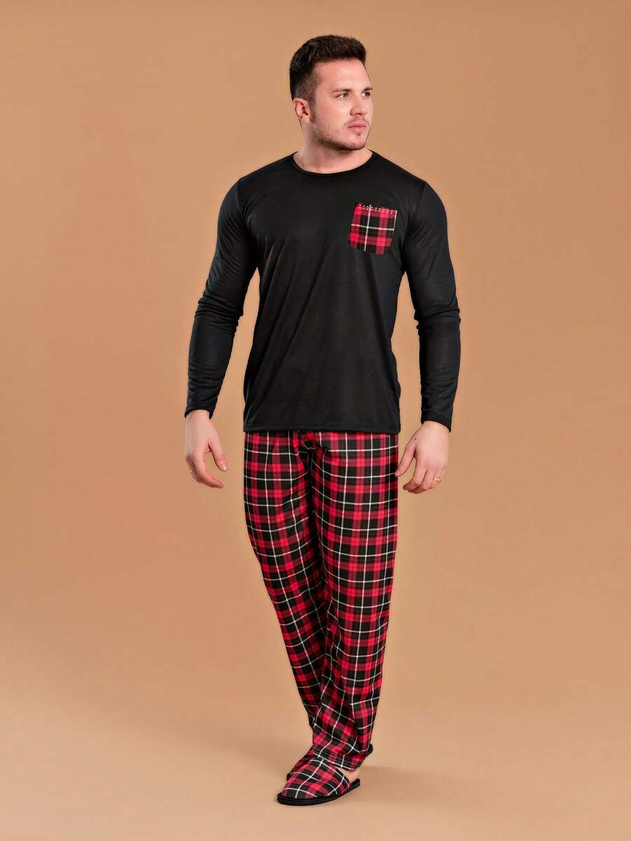Men's Red Plaid Pocket Pajamas - 黑色 - 查看 1