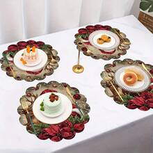 6pcs/4pcs/1pc Christmas Party Decoration Round Placemats, Santa Claus And Reindeer Pattern Design - 15 Inches In Diameter, Linen Material, Non-Slip, Heat-Resistant, Machine Washable, Holiday Party Decoration Round Placemats, Party Kitchen Restaurant Decorations, Suitable For Christmas Table Decoration, Party, Christmas Decoration, Christmas Decorations For Home - Red - View 4