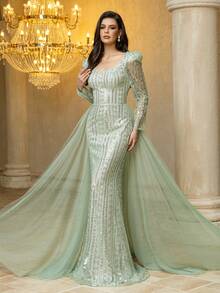 Vestidos formais femininos UNITHORSE [corte aleatório] com decote coração, manga comprida, extravagantes, brilhantes, com lantejoulas, patchwork, tecido de malha, com contas, para ocasiões formais, vestidos de noite pesados, vestidos de noiva, eventos no tapete vermelho