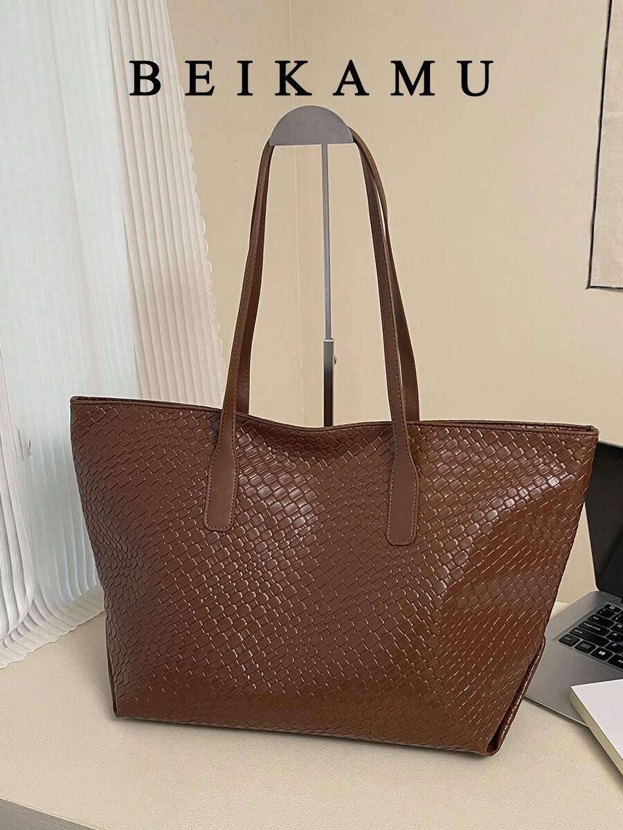 1 pieza Bolso de mano grande de unicolor de PU, bolso de hombro versátil de moda para ir al trabajo y de compras para mujeres