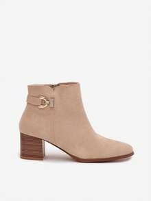 Damen Isolierte Knöchelstiefel mit Blockabsatz, goldene Details, synthetischer Wildleder, bequem und warm für den Winter, Renora Beige Schwarz - Beige - Übersicht 7