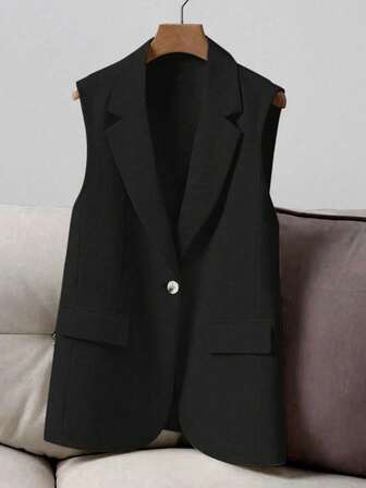 Women's Casual Elegant All-Match Minimalist Solid Color Lapel Faux Pocket Lightweight Vest, Versatile For Commuting