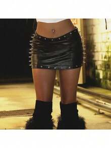 Women's Studded PU Leather Skirt Punk Style Mini Bodycon Faux Leather - 黑色 - 查看 4
