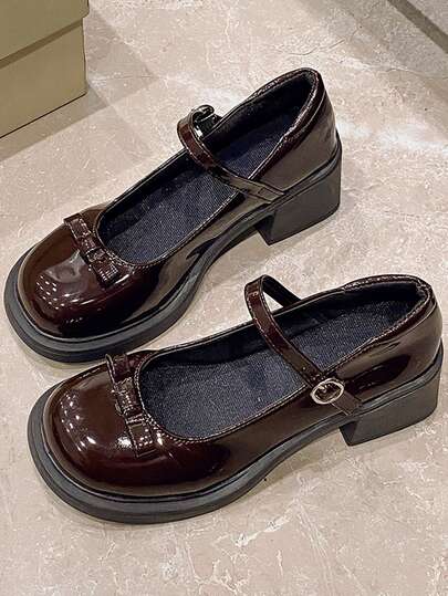 1 Pair Black Retro Strap Mary Jane Shoes, Shiny Leather, Simple & Fashionable, Suitable For Daily Wear As Waterproof Platform High Heels