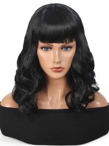 50s Wig Rockabilly Vintage Wig Synthetic Wavy Black Wig With Bangs For Woman For Cosplay Daily Party Christmas Halloween - Black - View 2