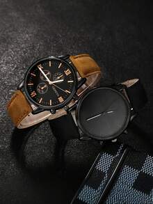 2/1 Set Of Fashionable And Classic Business Style Youth-Oriented Pointer Display Round Quartz Watch. Suitable For Boys To Wear. Suitable For Students. It Is Very Suitable For Use In Daily Life Such As Going Back To School, Parties And Traveling. It Is Very Suitable As A Gift For Friends, Birthday Gifts, Graduation Season Gifts. It Is The Perfect Gift For Boys And A Father's Gift. - Multicolor - View 3