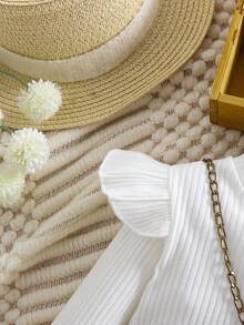 Young Girl Ribbed Long Sleeve Turtleneck Tee, Round Neck All-Match Layering Top, 2025 Autumn New Collection - White - View 4