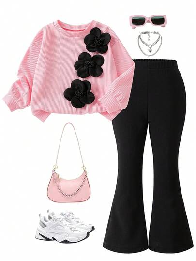 Girls' Black Round Neck 3D Floral & Pink Ribbed Long Sleeve Top + Wide Leg Pants Set, Casual Outfits For Spring & Autumn