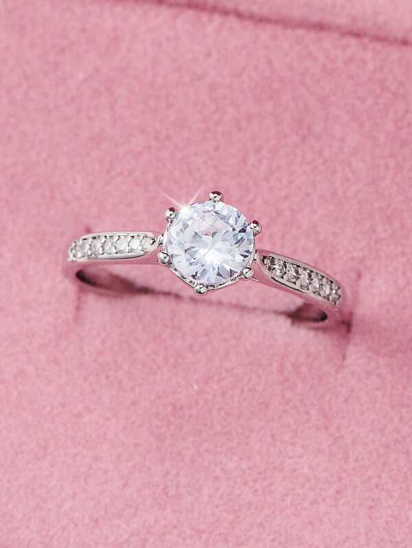 1pc Elegant Cubic Zirconia Women's Engagement Ring - Four-Prong Setting, Sparkling Solitaire With Accent Stones, Ideal For Weddings And Special Occasions, Bridal Jewelry, Sophisticated Ring Design, Complex Pave Setting, Engagement Ring