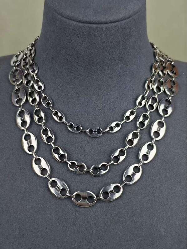 1pc Vintage Silver-Tone Coffee Bean Necklace, Unisex Hip Hop Rock Jewelry