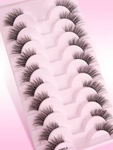 10 Pairs Cat Eye Style Natural Crossing Lengthening Transparent Band Semi-Eyelashes, 3D Faux Mink Soft False Eyelashes, Reusable, Suitable For Women Daily And Party Wear - 黑色 - 查看 2